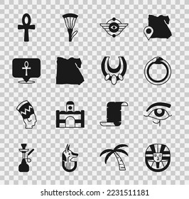 Set Egyptian pharaoh, Eye of Horus, Magic symbol Ouroboros, Winged sun, Map, Cross ankh,  and necklace icon. Vector