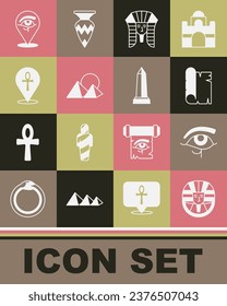 Set Egyptian pharaoh, Eye of Horus, Papyrus scroll, pyramids, Cross ankh,  and Obelisk Alexandria icon. Vector