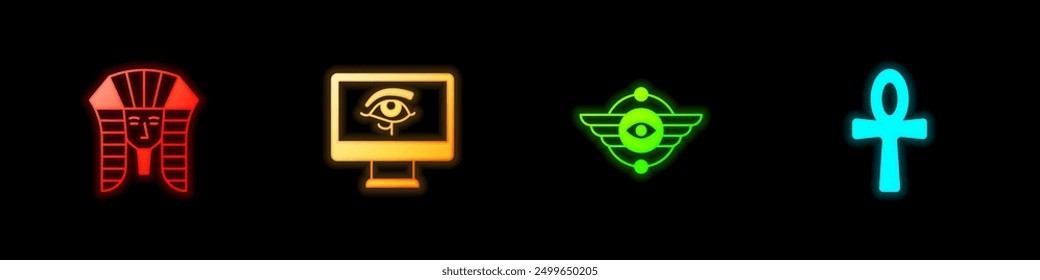 Establecer el faraón egipcio, ojo de Horus en el monitor, símbolo Sol alado y Cruz icono de Ankh. Vector