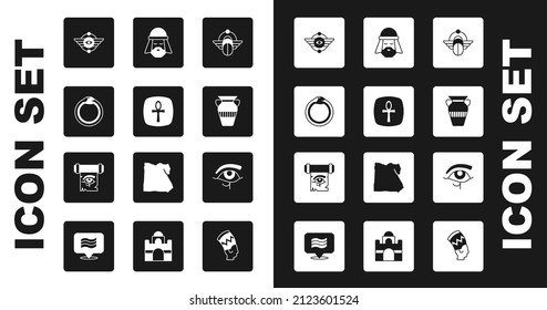 Set Egyptian Scarab, Cross ankh, Magic symbol of Ouroboros, Winged sun, vase, man, Eye Horus and on papyrus scroll icon. Vector