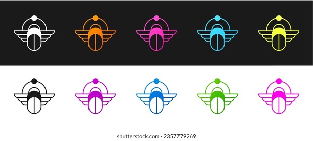 Set Egyptian Scarab icon isolated on black and white background. Winged scarab Beetle and sun.  Vector