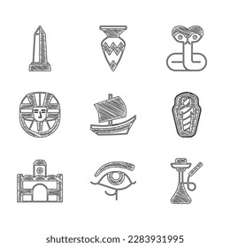 Set Egyptian ship, Eye of Horus, Hookah, mummy in sarcophagus, house, pharaoh, Snake and Obelisk Alexandria icon. Vector