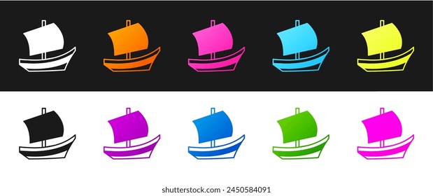 Set Egyptian ship icon isolated on black and white background. Egyptian papyrus boat.  Vector