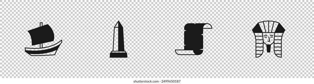 Set Egyptian ship, Obelisk of Alexandria, Papyrus scroll and pharaoh icon. Vector