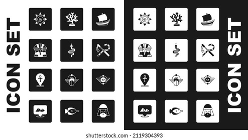 Set Egyptian ship, Snake, Sphinx, Sun, Crook and flail, Coral, symbol Winged sun and Cross ankh icon. Vector