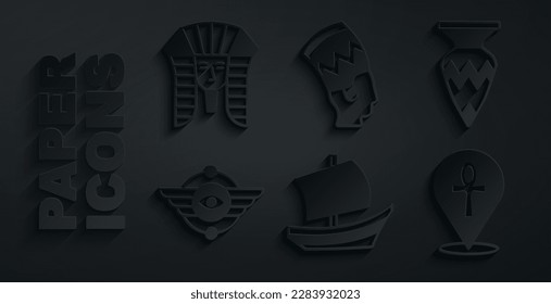 Set Egyptian ship, vase, symbol Winged sun, Cross ankh, Nefertiti and pharaoh icon. Vector