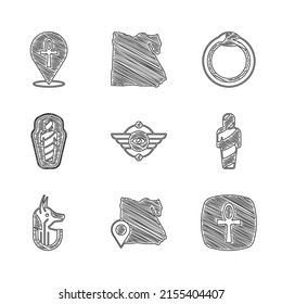 Set Egyptian symbol Winged sun, Map of, Cross ankh, mummy, anubis, sarcophagus, Magic Ouroboros and  icon. Vector