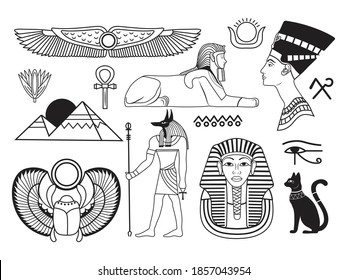 Set of Egyptian symbols. Collection of ancient Egyptian siluet Nefertite, speedbeetle, pyramids, sphinx, others. Mythological creatures Egyptian mythology. Vector illustration for travel agencies.