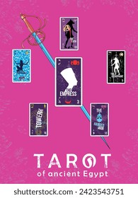 Set von ägyptischen Tarot Karten über ein Schwert. Karten nannten die Kaiserin, das Hierophant, den Tod, die Temperanz, den Turm und den gehandelten Mann. 