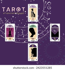 Set of Egyptian tarot cards on blue background. Cards called The Empress, The Moon, The Emperor, The priestess, the sun and the Hanged Man. 