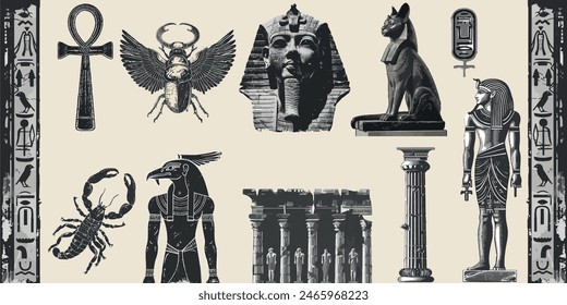  Set of Egyptian temple interior design elements with monochrome vintage photocopy effect, y2k collage design. Stipple halftone retro design elements. Vector illustration of Ancient egyptian