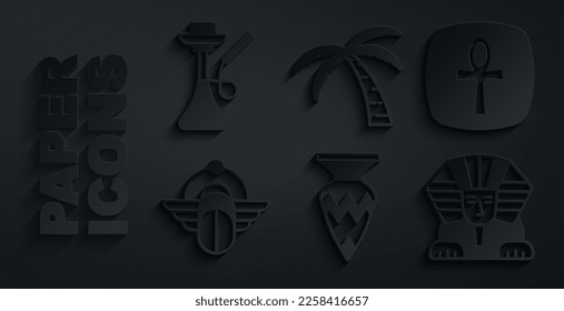 Set Egyptian vase, Cross ankh, Scarab, Sphinx, Tropical palm tree and Hookah icon. Vector