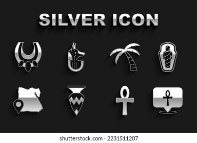 Set Egyptian vase, mummy in sarcophagus, Cross ankh, Map of, Tropical palm tree, necklace and anubis icon. Vector