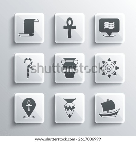 Set Egyptian vase, ship, Sun, Cross ankh, Crook, Papyrus scroll and Flag Of icon. Vector