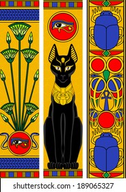 Set of egyptian vertical banners with papyrus, black cat and scarab.