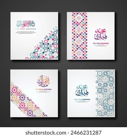 Set Eid Adha Mubarak Greeting design with ornamental colorful detail of floral mosaic islamic art ornament. New collection. Vector illustration