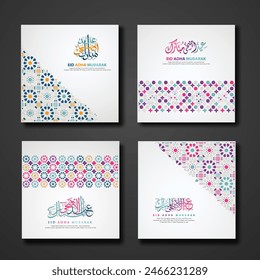 Set Eid Adha Mubarak Greeting design with ornamental colorful detail of floral mosaic islamic art ornament. New collection. Vector illustration