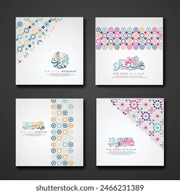 Set Eid Adha Mubarak Greeting design with ornamental colorful detail of floral mosaic islamic art ornament. New collection. Vector illustration