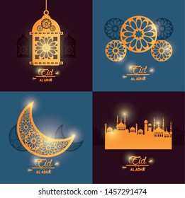 set of eid al adha feast of the muslim with hanging muslim lamp, waning moon, circle islamic art and islamic city silhouette icon cartoon vector illustration graphic design