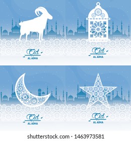 set of eid al adha feast of the muslim with muslim lamp, ram silhouette, waning moon and islamic city silhouette icon cartoon vector illustration graphic design