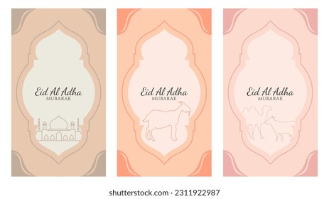 set eid al adha  greeting card post social media template pastel background vector line illustration flat design and doodle style