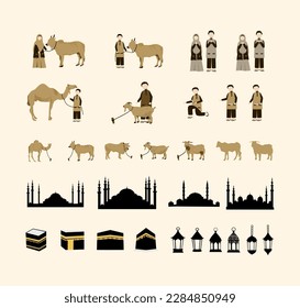 Set of eid al adha icons element bundle, for children book, poster, banner or template islamic. A simple vector design.
