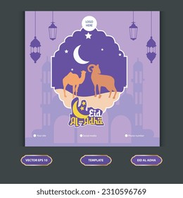 Set Eid al Adha Social Media Post Template. Idul Adha Greeting Card Vector Illustration with vector of sacrificial animals, and Arabic ornaments, mosques, lanterns, Muslims Background