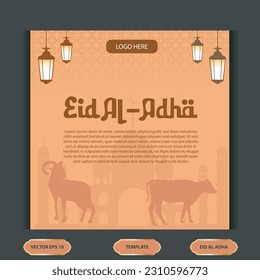 Set Eid al Adha Social Media Post Template. Idul Adha Grußkartenvektorgrafik mit Vektorgrafik von Opfertieren, arabischen Ornamenten, Moscheen, Laternen, Moslems-Hintergrund