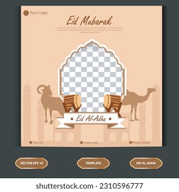 Establecer plantilla de publicación de medios sociales de Eid al Adha. Idul Adha Greeting Card Vector Ilustración con vector de animales de sacrificio, y ornamentos árabes, mezquitas, faroles, musulmanes Fondo