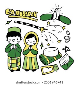 Conjunto de Ilustración vectorial doodle eid al fitr. Diversos tipos de ilustraciones de eid mubarak dibujadas a mano. Ilustración vectorial de las fiestas islámicas. Elemento Idul Fitri