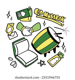 Set of eid al fitr doodle vector illustration. Various types of hand-drawn eid mubarak illustrations. Islamic holidays vector illustration. Idul Fitri element
