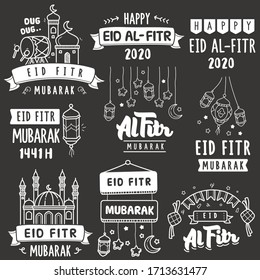 Set von eid al fitr Grußkarte Vektorillustration doodle Element. Verschiedene handgezeichnete Arten von eid-al-fitr Grußkarte im Stil von Chalkboard-Illustrationen