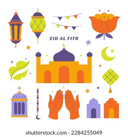 Conjunto de elementos de vacaciones de Eid Al Fitr. Símbolos Eid Mubarak ilustración vectorial plana geométrica.