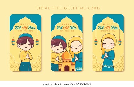 Set of Eid al fitr mubarak greeting card islamic cartoon celebration 