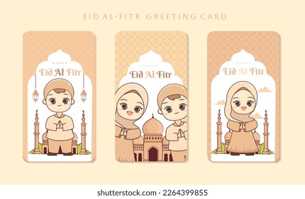 Set of Eid al fitr mubarak greeting card islamic cartoon celebration 