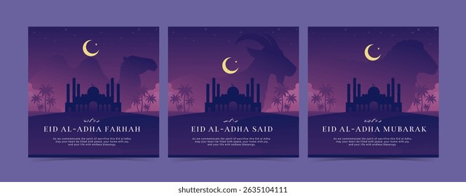  Conjunto de ilustrações de design plano Eid al-Adha com mesquita, lua crescente e silhuetas de camelo, cabra e ovelha. Paisagem noturna pacífica para saudação islâmica ou banner digital.