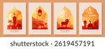 Set of Eid al-Adha greeting cards with mosques, lanterns, crescent moons, stars, camels and ram. Festive Islamic holiday designs in warm orange, red, yellow and beige tones.