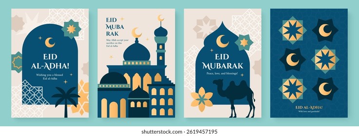 Set of Eid al-Adha greeting cards featuring traditional Islamic elements such as mosque, crescent moon, stars, patterns and camel. Festive and modern design in traditional blue, green and gold colors.