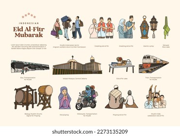 Set of eid al-fitr indonesian culture hand drawn illustration