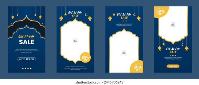 a set of Eid al-Fitr sale social media stories template promotion design for business or company. blue background with a golden accent. dark blue gradient background