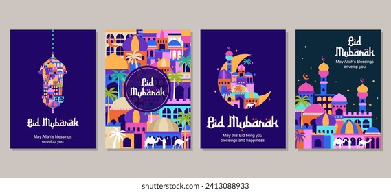 Conjunto de ilustración de arquitectura de mezquita árabe islámica eid mubarak al fitr para un cartel, plantilla de portada. ilustración vectorial