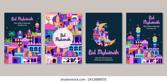 Set von eid mubarak al fitr islamic arabic Moschee Architektur Illustration für ein Plakatbanner, Titelvorlage. Vektorgrafik