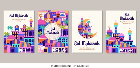 Set von eid mubarak al fitr islamic arabic Moschee Architektur Illustration für ein Plakatbanner, Titelvorlage. Vektorgrafik