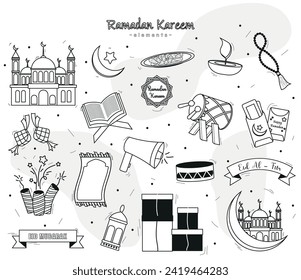 Set of eid mubarak eid al fitr vector doodle elements.