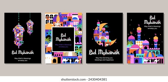 Set of eid mubarak al fitr islamic arabic mosque architecture illustration for a poster banner, cover template. vector illustration