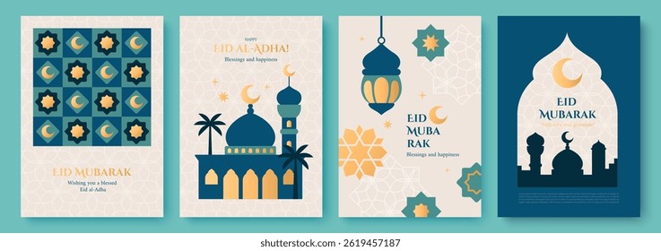 Set of Eid Mubarak and Eid al-Adha greeting cards with mosques, lanterns, crescents, stars, and Islamic patterns. Festive Muslim holiday design in modern flat style.