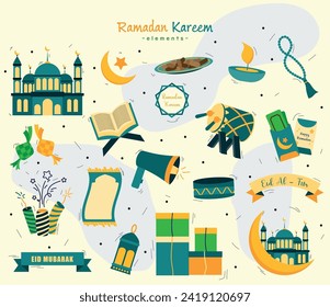 Set of eid mubarak eid al-fitr elements icons vector illustration.