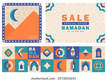 Set of Eid Mubarak banners with Islamic patterns, mosque arch, crescent moon, lanterns and floral motifs in teal, blue, orange, beige with Ramadan Kareem text and a sale header with modern design