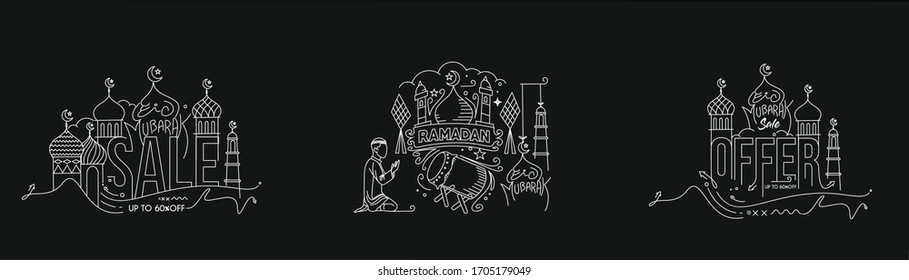 Set of Eid Mubarak celebration- Mosque. Sale banner, scroll,  sticker, badge, price tag, poster. Vector illustration.