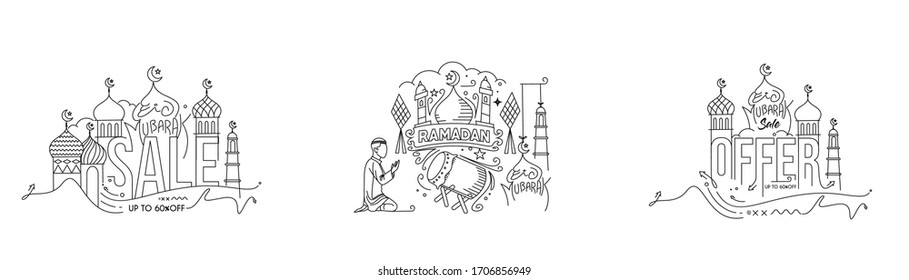 Conjunto de celebración de Eid Mubarak - Mezquita. Banner de venta, desplazamiento, pegatina, placa, precio, afiche. Ilustración vectorial.